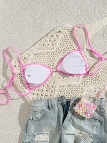 SHEIN Beach Summer For Women Sexy Pink Lace Cami Bikini Swimsuit Top - Pink - View 2