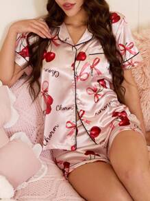 SweetSlumber Conjunto de pijama de mujer con camisa abotonada de color cereza