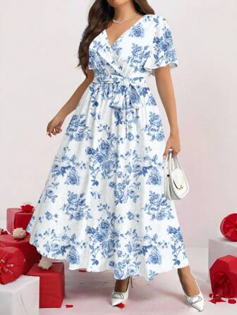 SHEIN Privé Casual Vintage Floral Print Loose Fit Plus Size Dress, Romantic Blue & White, Suitable For Autumn/Winter,Beach Dress Sundress,Holiday Outfits Boho