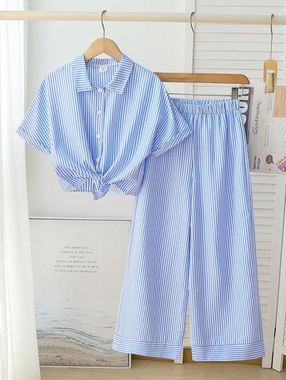 青少年女孩条纹系带衬衫和阔腿裤两件套休闲日常装