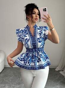 Breezaya Women's Vacation Fit Daisy Retro Print Mandarin Collar Cap Sleeve Shirt - Blue - View 6