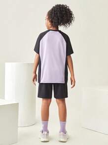 JNSQ 返校服，青少年女孩和男孩服装，户外专业运动短袖运动服套装，儿童圆领拼接撞色趣味字母印花图案专业运动短袖运动服套装，适合初秋、夏季日常穿着、户外活动、度假、街头风格、派对和休闲