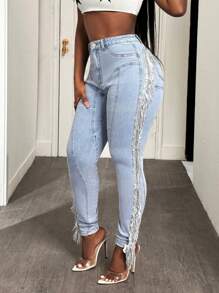 Slaydiva Pantalones vaqueros ajustados de cintura alta con decoración de flecos para mujeres - Lavado ligero - Ver 6