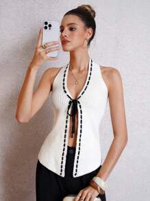 SHEIN Clasi Summer Sexy Contrast Color Tied Backless Halter Neck Knit Top - Apricot - View 3