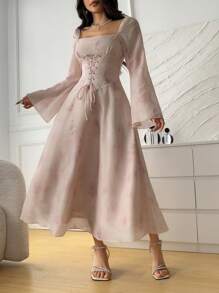 DAZY 女式系腰长袖中长连衣裙，秋季连衣裙 - 杏色 - 查看 8