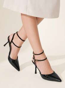 CUCCOO CHICEST Women's Pointed Toe Ankle Strap High Heel Pumps, Elegant Commute Fashion Glossy Patent Leather Ladies Black Heels, Versatile For Dates, Office Outfits, Sophisticated Style Essentials - Black - View 3