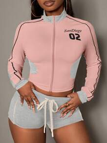 Slaydiva 2 件基本款简约休闲运动装 - 拼色拉链长袖上衣、带数字标志的抽绳短裤