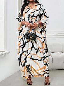 SHEIN Lady Plus Size Elegant Commuter All-Over Print Batwing Sleeve Dress - Multicolor - View 3