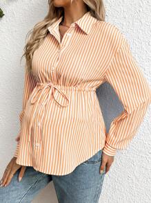 SHEIN Camisa de maternidad casual a rayas con cordón en la cintura, manga larga