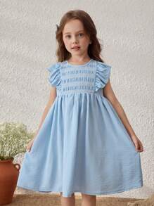 Blossori 亚麻年轻女孩蓝色荷叶边袖直筒连衣裙，适合节日/度假 - 藍色 - 查看 6