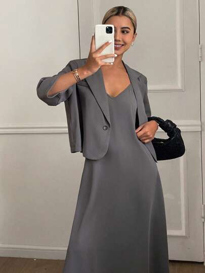 Livesso 两件套纯色宽松优雅夏季套装，包括女士西装外套和长裙，适合秋季穿着，商务休闲。