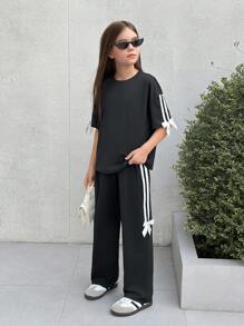 SHEIN Nova Glow Tween Mädchen Lässig Mode koreanischer Stil Einfarbig loses gestricktes Rundhals T-Shirt und weite Hose 2-teiliges Set
