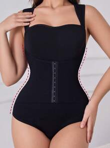 SHEIN Women Solid Seamless Tummy Control Waist Trainer Butt Lifting Shaperwear Square Neck Slimming Sculpting Snatched Waist Short Sleeveless Bodysuit With Front Hook-And-Eye Closure