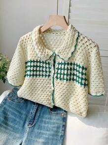 Comfortcana Cárdigan casual de manga corta con botones y recorte de color block para días festivos - Beis - Ver 3