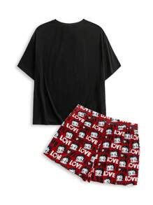 Betty Boop x SHEIN Conjunto de pijama de camiseta de manga corta con estampado de letras y figuras y pantalones cortos para tallas grandes de verano