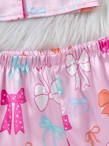 2 Pcs Young Girls Pink Poplin Bow Ribbon Print Top And Pants Set, Casual Loungewear Kids Summer Clothes Set Kids Outfit Clothes Set Girls Summer Clothes Sets Little Girl Clothes Set Kids Clothes Set Holiday Traval Releax Summer Clothes