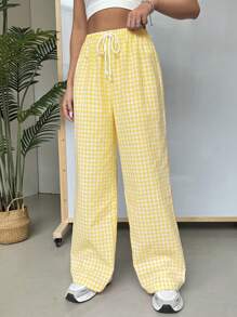 SHEIN EZwear Women's Summer Plaid Print Drawstring Waist Casual Linen Pants - Yellow - View 3