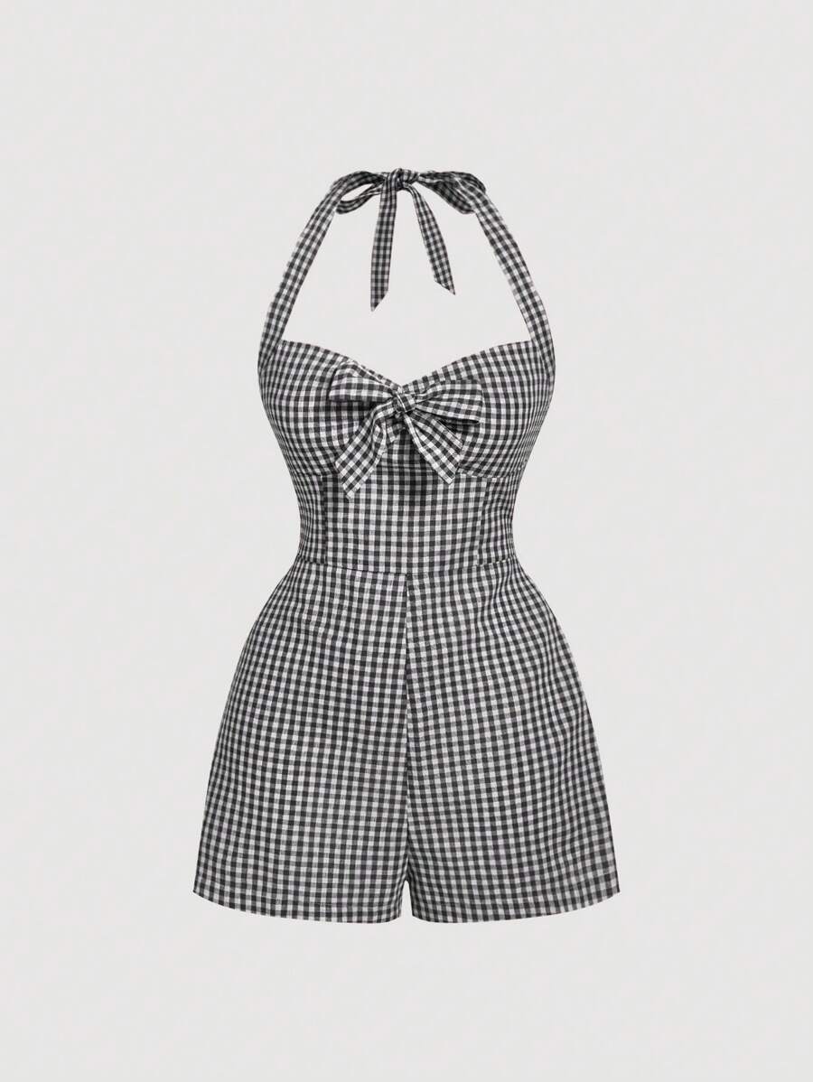 SHEIN MOD Women's Cute Plaid Halter Neck Tie-Up Jumpsuit - Black and White - View 1