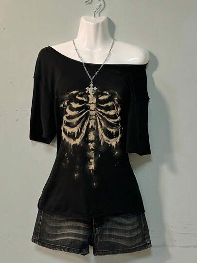 Attitoon Casual Minimalist Skull Graphic Dropped Shoulder Women T-Shirt, Suitable For Summer Off The Shoulder Top Back To School