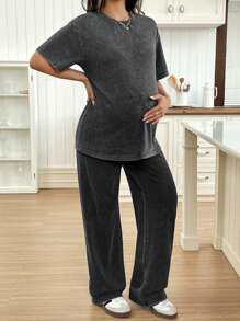 SHEIN Maternity Casual Round Neck Short Sleeve Top And Distressed Washed Relaxed Fit Straight Leg Pants Set - Black - View 6