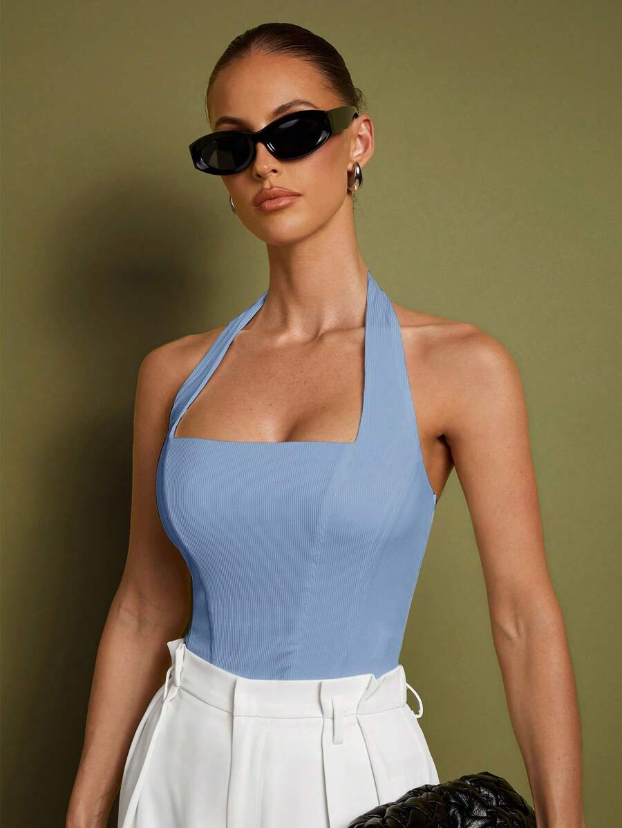 COSMINA Top sin mangas con cuello halter para mujer, elegante para ocasiones formales, uso diario, estilo sirena de oficina, estilo influencer, estilo old money, verano - Celeste - Ver 1