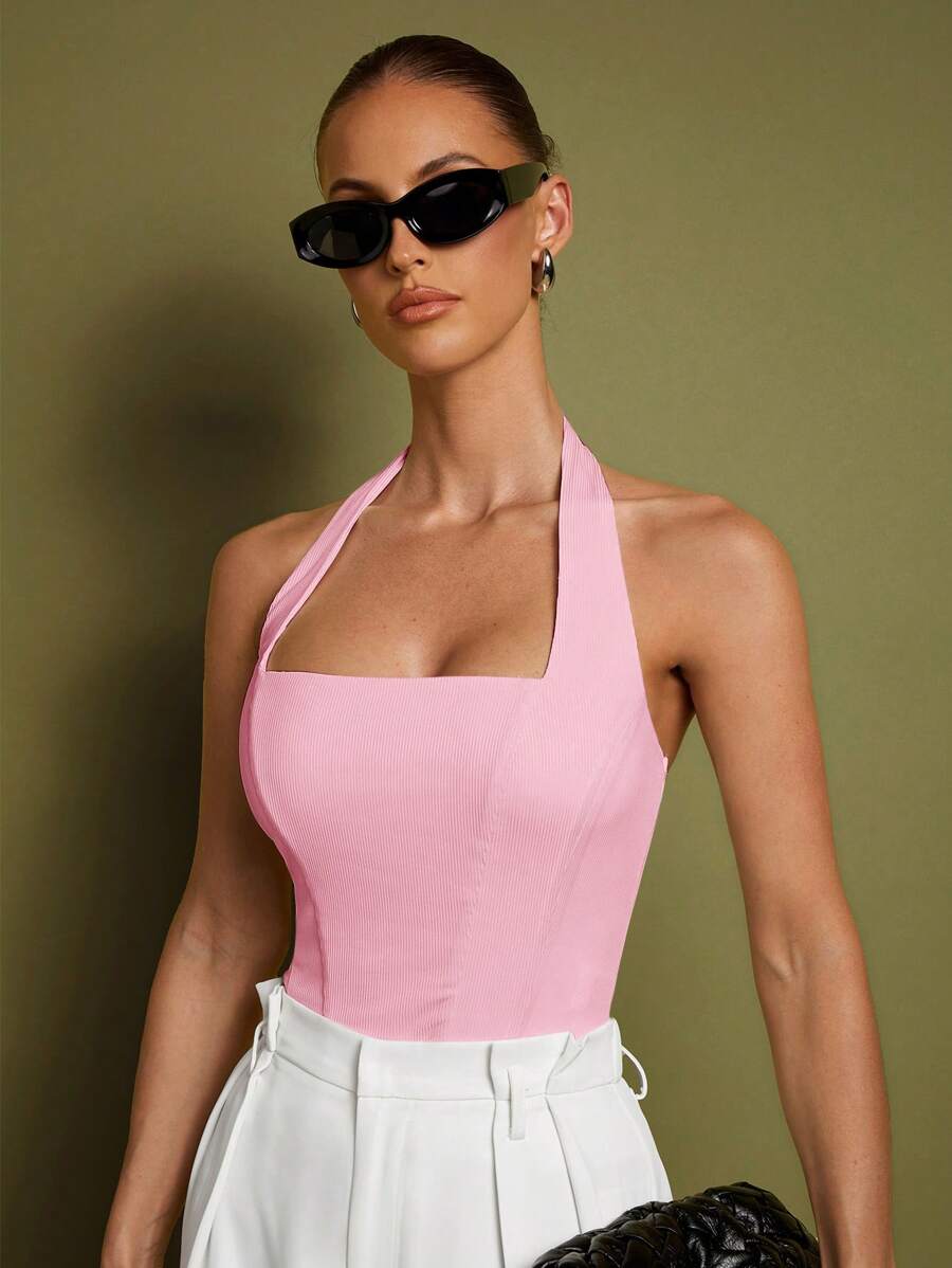 COSMINA 女士露肩无袖吊带上衣，优雅正式场合，日常穿着，办公室时尚，时尚风格，复古风，女士夏季 - 淺粉色 - 查看 1