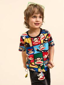 Paul Frank X SHEIN Camiseta de manga corta de verano fresca con estampado de mono de dibujos animados colorido por todas partes para niños pequeños