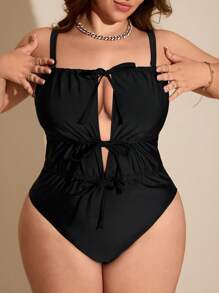 Swim Chiccia Plus Size One-Piece Swimsuit, Solid Color, Simple & Fashionable, Suitable For Summer
