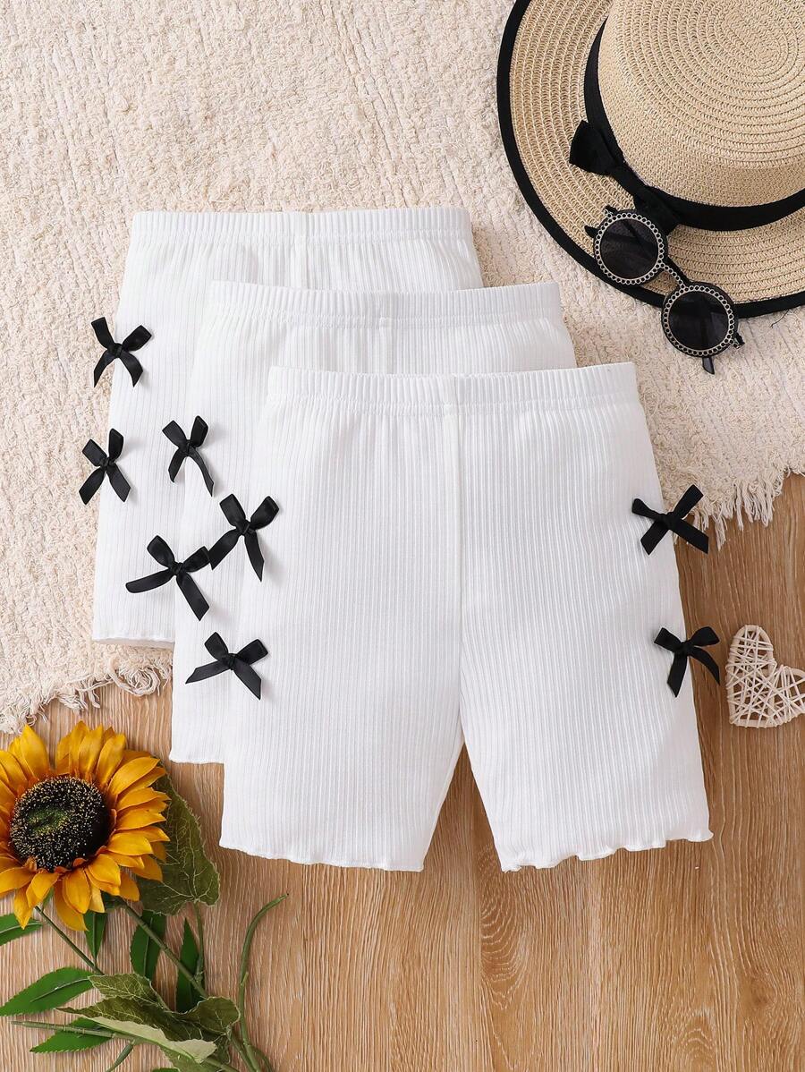 3 Pieces Young Girl Knit Solid Color Skinny Leggings Set - White - View 1