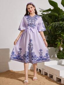 Elegant Print V-Neck Flare Sleeve Cinched Waist Mid-Length Dress For Teen Girls