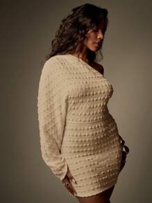 MISSGUIDED Designer One Shoulder Long Sleeve Mini Dress Textured Knit Party Evening Winter Holiday Events Bodycon Form Fitting Special Occasion Stylish - Khaki - View 4