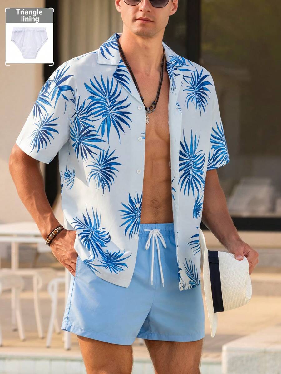 Manfinity Swimmode Men's Tropical Print Shirt And Shorts Beach Outfit, Hawaiian, Men's Beach Shirts, Blue Hawaiian Shirt, Pool Party Outfit Men, Men Vacation Shirts - Baby Blue - View 1