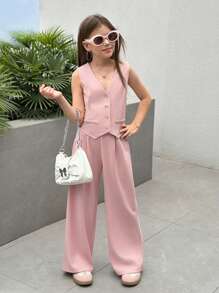 SHEIN Nova Glow Tween 女童休闲街头风格梭织无袖纯色短款上衣和直筒裤套装 - 淺粉色 - 查看 4