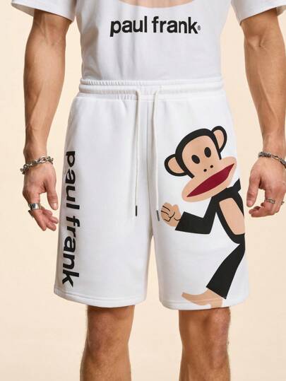 Paul Frank X SHEIN Pantalones cortos de verano casuales para hombres con cordón en la cintura y estampado de letras y monos