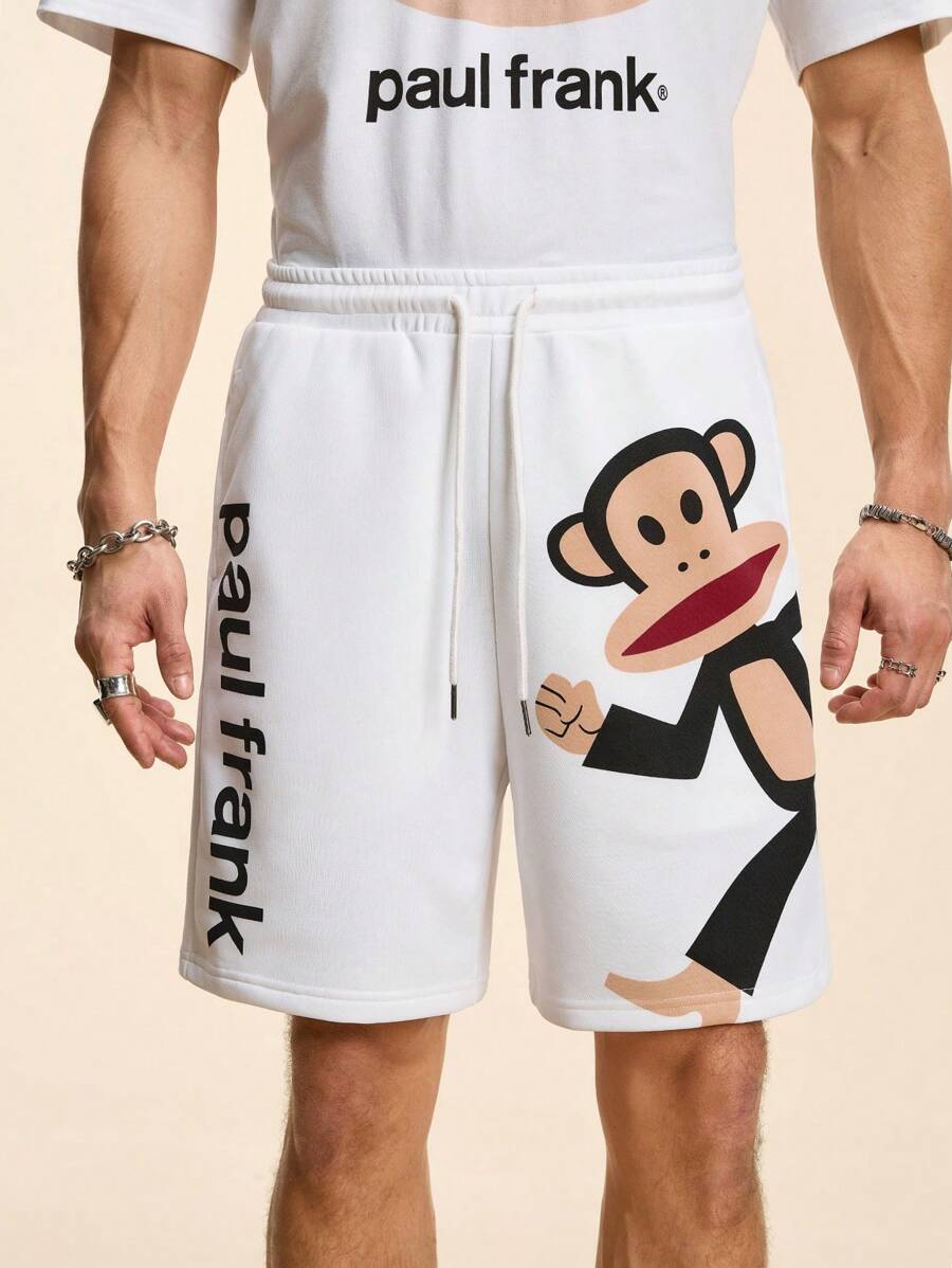 Paul Frank X SHEIN Men's Summer Casual Letter & Monkey Print Drawstring Waist Shorts - White - View 1