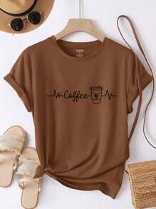 SHEIN LUNE Plus Size Coffee Women's T-Shirt, Coffee Cup Cool Thread Art Printed Round Neck Short Sleeved Casual T-Shirt - Coffee Brown - View 1