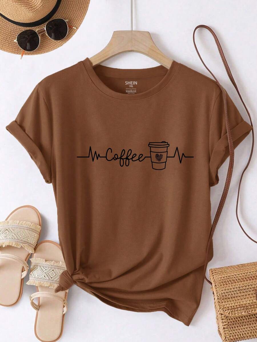 SHEIN LUNE Plus Size Coffee Women's T-Shirt, Coffee Cup Cool Thread Art Printed Round Neck Short Sleeved Casual T-Shirt - Coffee Brown - View 1