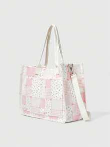 ROMWE Kawaii Túi Tote vải nhung kẻ trắng rộng rãi dành cho nữ – Túi xách có thể chuyển đổi họa tiết nơ và hoa để đeo chéo/đeo vai - Nhiều màu - Xem 2