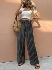 SHEIN Frenchy Women's Striped Print Drawstring Waist Casual Straight Leg Pants, Holiday Season Work Pants Summer
