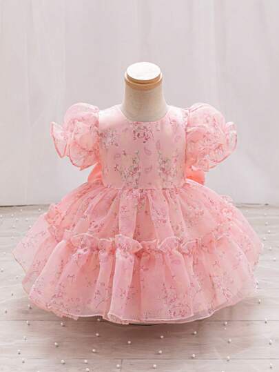 SHEIN Glamorique Kids 女婴花卉印花优雅圆领粉色公主裙