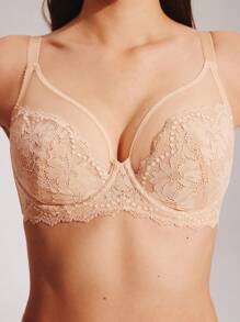 LUVLETTE Soft Woman Lingerie Lounge Curve Sheer Full Coverage Support&Breathable Underwire Sexy Unlined Minimizer Lace Elegance & Mesh Nude Bra Bridal Intimates