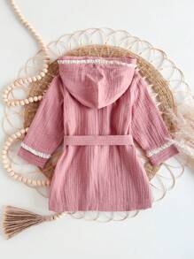 Loomiva Baby Girl Decorative Ruffle Hooded Long Sleeve Tied Bathrobe, Casual Versatile - Baby Pink - View 2