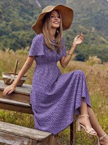 SHEIN Clasi Women's Holiday Printed Ruffle Short Sleeve Long Elegant Dress Maxi Women Outfit - Purple - View 5