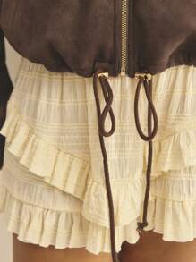 Aralina Curve Suedette Zip Up Drawstring Waist Cropped Fit Business Casual Woman Bomber Jacket - Coffee Brown - View 8