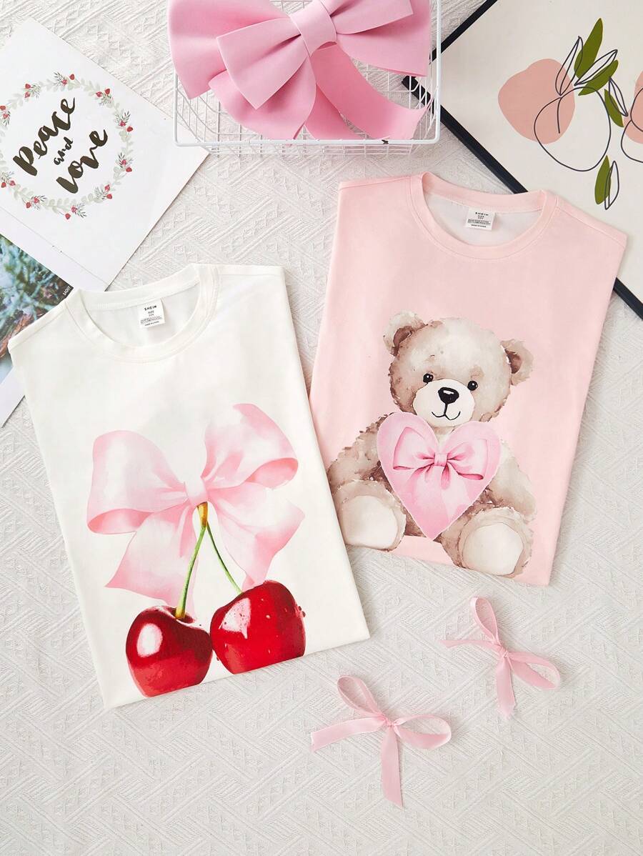 Tween Girl' Cherry & Teddy Bear Decor Sweet & Cute Casual Creme, Pale Pink Milk Silk Long Nightgown Sleepwear Homewear - Multicolor - View 1