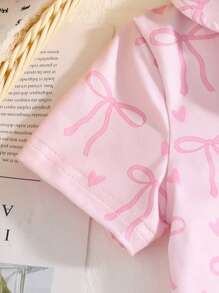 2pcs Baby Girls Summer Pink Cute Bow Print Knit Collar Cardigan & Shorts Pajama Set, Comfy Home Outfit Back To School Fashion - Pink - View 5