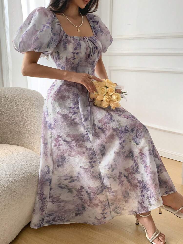 Women V-Neck Puff Sleeve Ditsy Floral Long Summer Dress,Casual Women Dresses Vacation Maxi Dress