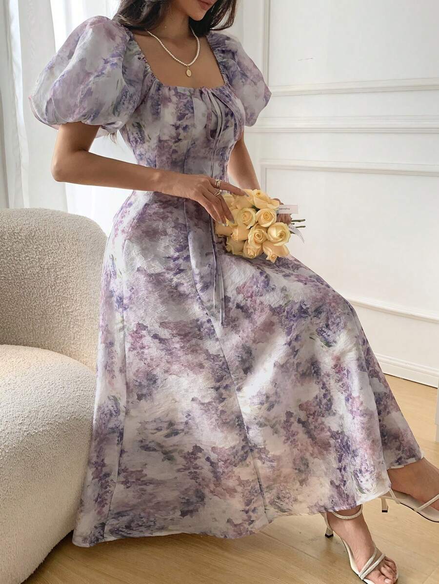 DAZY Women V-Neck Puff Sleeve Ditsy Floral Long Summer Dress,Casual Women Dresses Vacation - Red - View 1