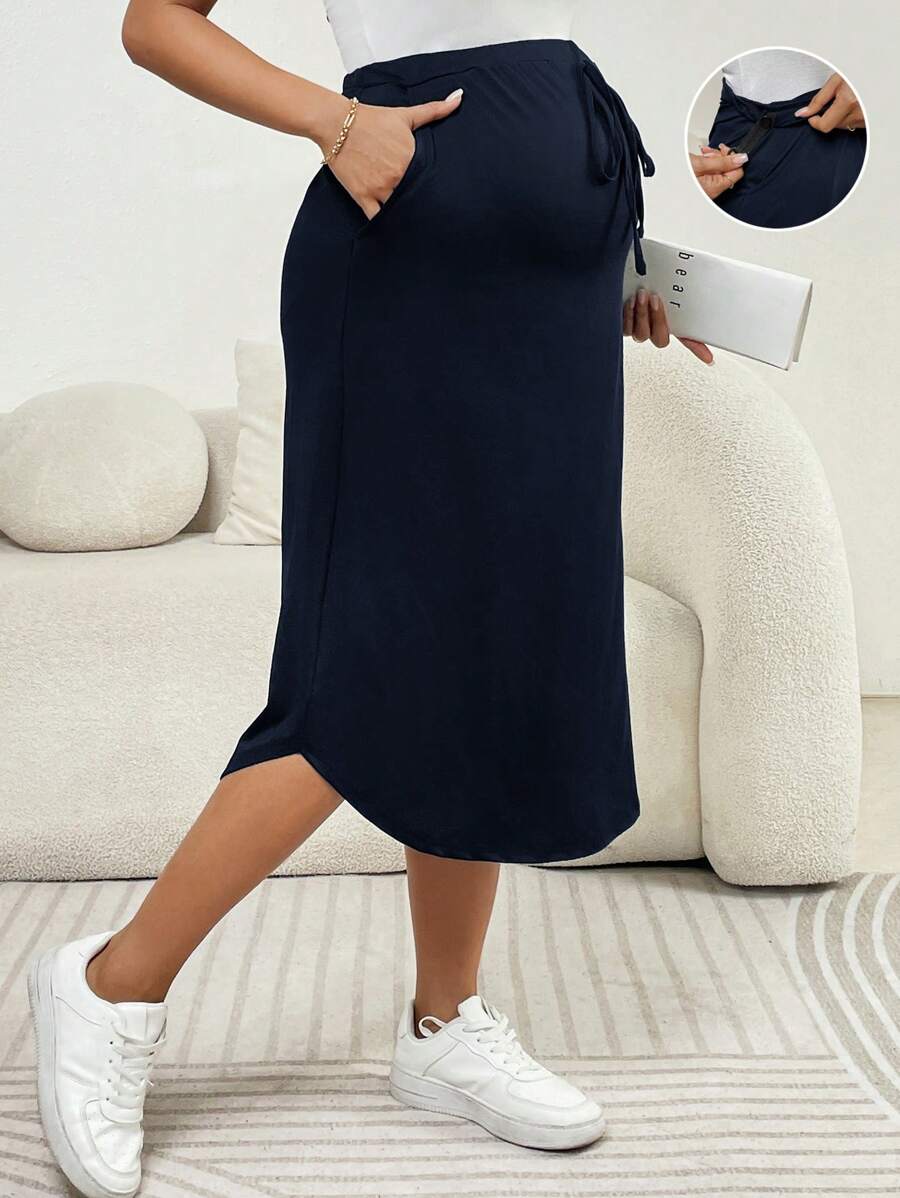 SHEIN Maternity Solid Color Adjustable Waist Pockets Straight Casual Skirt