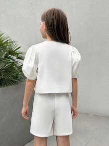 Firerie Kids Firerie Kids Conjunto de top de manga globo de cuello redondo y shorts casuales y de moda para niñas preadolescentes Nova Glow